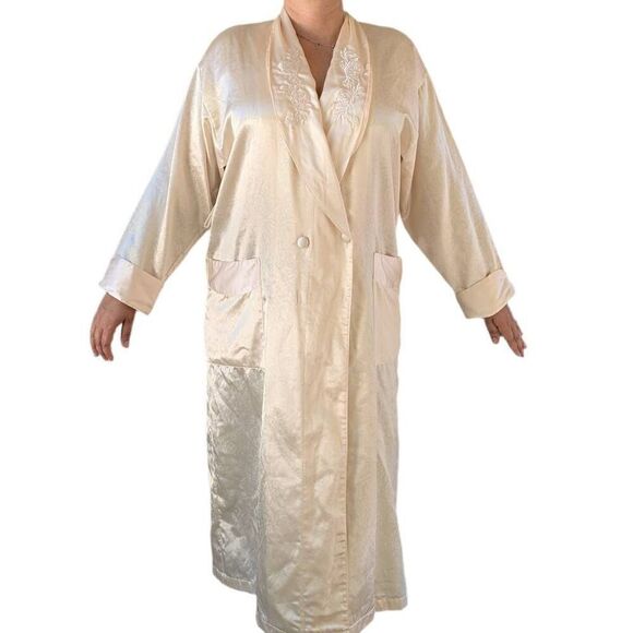 Vintage 80s Victoria's Secret Satin Maxi Robe Embroidered Collar V Neck Size S - Picture 3 of 8